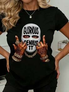 Camiseta con Diseño de Máscara Glorious Genius, Manos Tatuadas y Accesorios de Cadena, Adecuada para Uso Casual y Deportivo - Negro - Ver 1