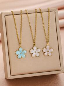 1pc Women's Simple Elegant Y2K Sweet Pink White & Blue Flower Pendant Necklace, Elegant Gold Tone Clavicle Chain Daily Jewelry Accessory - Multicolor - View 3