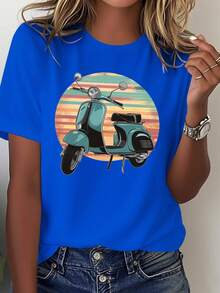 Vintage Scooter Illustration. Comfortable Pure Cotton Women's T-Shirt, Casual Blouse For Women. - 藍色 - 查看 6