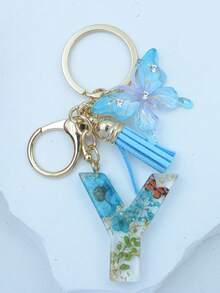 1pc Initial Letter Dried Flower Resin Keychain, Blue Daisy Pendant Keyring, Girl Bag Charm Accessory Gift - Baby Blue - View 26