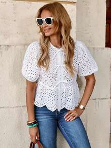 Blusa elegante con mangas abullonadas, lazo delantero y bordado, ideal para vacaciones o San Valentín - Amarillo - Ver 11