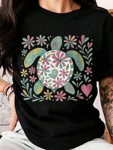 Camiseta unisex de manga corta, floralTortugaDiseñoMujeresCamisetaVeranoInformalRopaNaturalezaInspiradoGráficoTeeParaPlayaVacacionesYTodos los díasConjuntos de ropa2026VERANONUEVOPlayaConjuntos de ropaParaMujer, BlusasHermosoDeMujerplayerashombre, , , Dazymujer,romwehombres, bohochic,maestrasregalos,camisetaparaconjuntos de mujercon curvasparamu,y2k, - Negro - Ver 1