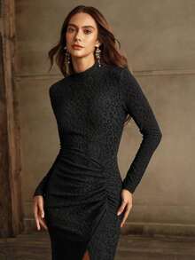 xheAnewsta Vestido ajustado elegante de mujer con abertura alta y jacquard de estampado de leopardo, otoñoxhe - Negro - Ver 7