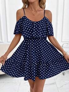 Vestido de línea A de algodón sólido rojo carmesí con tirantes de espagueti y hombros descubiertos, elegante y cómodo.Regalo elegante para el Día de la Madre, atuendo para festival, cita nocturna en la playa, vacaciones de verano.Vestido con - Azul marino - Ver 3