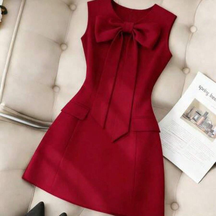guangzhougaolangshangmao Vestido de mujer de unicolor, cuello redondo, ajustado, con lazo delantero y sin mangas - Rojo - Ver 1