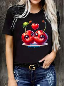 Just A Day Of Peace, Cherry Love, Valentine's Special Edition, Heart, Gift, Special Edition, New Women's Casual Sporty Crew Neck T-Shirt Comfortable For All Four Seasons - 黑色 - 查看 11