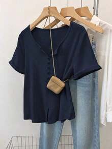 Camiseta de manga corta con botones, estilo minimalista retro casual Mori Girl para mujer - Azul marino - Ver 1