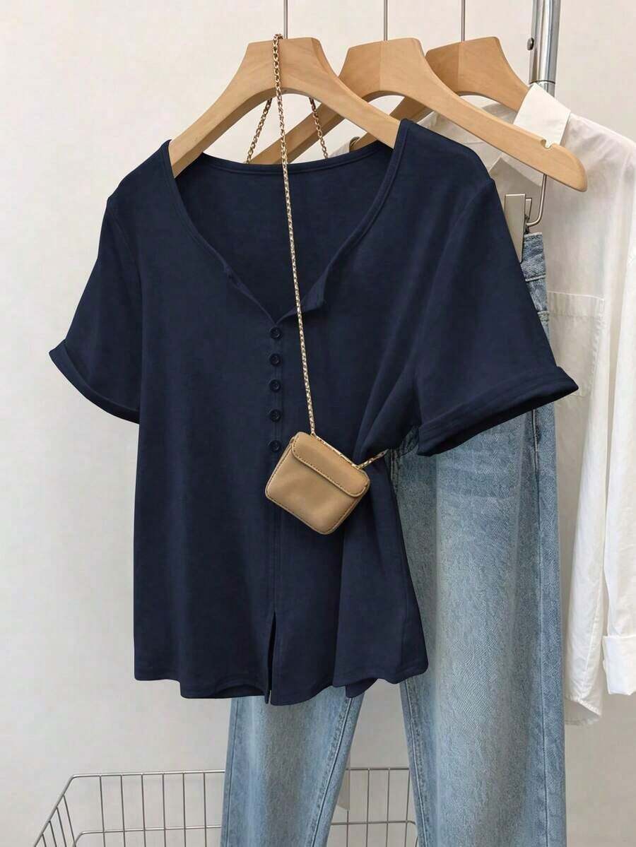 Camiseta de manga corta con botones, estilo minimalista retro casual Mori Girl para mujer - Azul marino - Ver 1