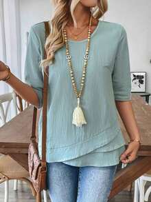 Camiseta blanca de cuello en V para mujer con diseño de parches de línea asimétrica en el dobladillo - verde menta - Ver 5