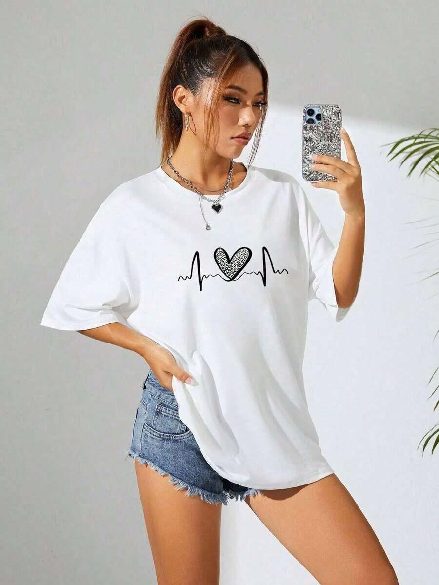 The Hottest Item Of The Summer: Pure Cotton T-Shirt, Crew Neck T-Shirt With Heart Print, Graphic Tees With Cheetah Print For Women, Stylish Pure Cotton T-Shirt. Stylish, Popular, Party T-Shirt. - 白色 - 查看 1