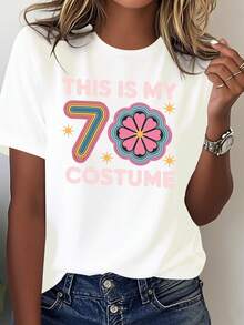 Camiseta vintage de los años 70 para mujer - Auténtico atuendo retro para fiestas disco, estampada con el eslogan "This is my outfit", con diseños florales y de estrellas, adecuada para fiestas temáticas y uso casual diario. - Blanco - Ver 1