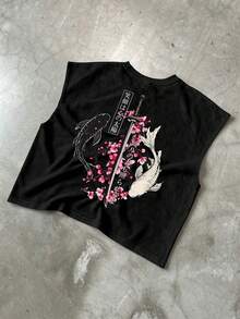 Unisex Casual Loose Minimalist Yin Yang Koi Samurai Sword Sleeveless Tank Top, American Retro Japanese Cherry Blossom Koi Fish Print Oversized Top - Black Round Neck Tank Top - Black - View 3