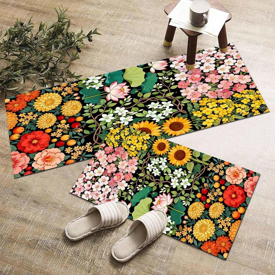 1 pieza Alfombra de serie con estampado floral colorido, felpudo de interior, alfombra de dormitorio junto a la cama, alfombra de cocina, apta para sala de estar, lavandería, baño - Multicolor - Ver 1