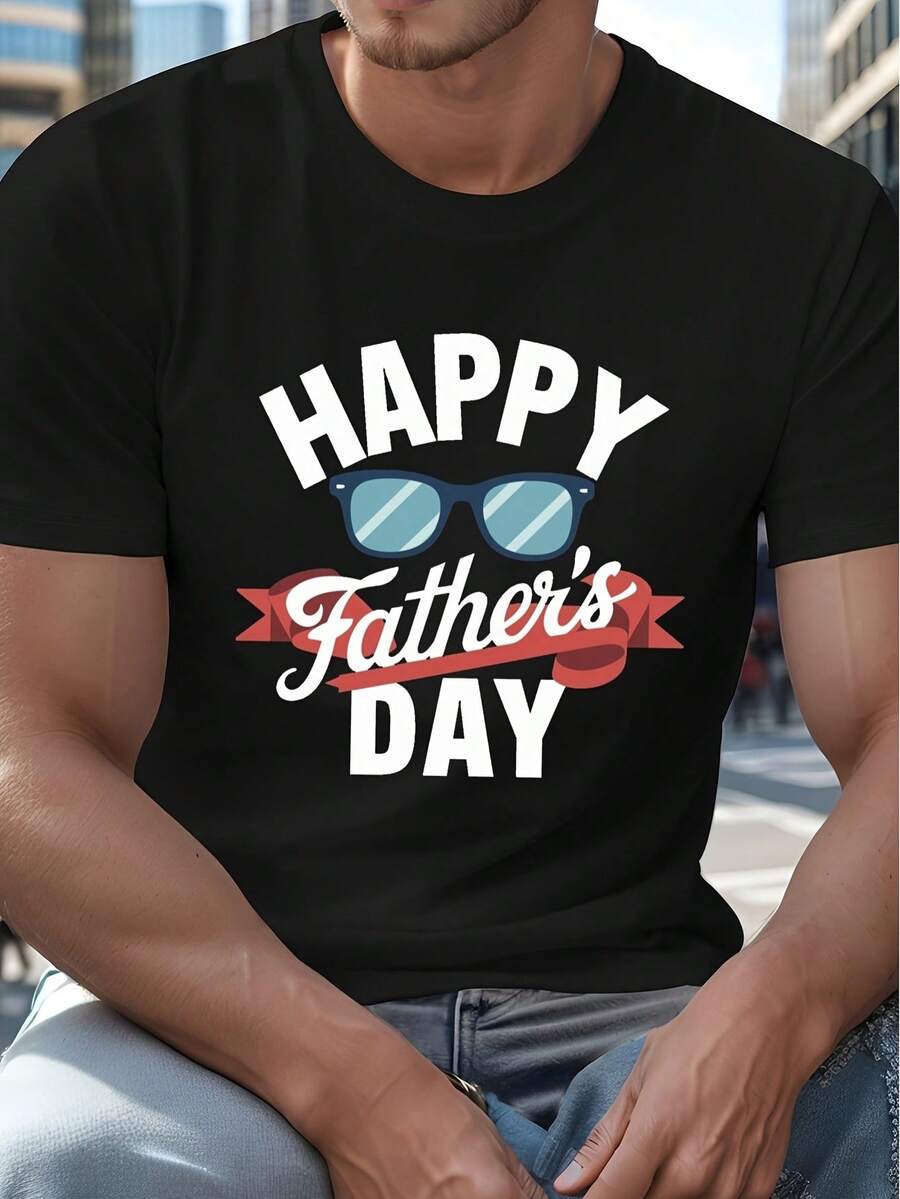 Fit.1pack.100%Cotton.Men'S Happy Father'S Day T-Shirt, A Crew Neck Tee With A Stylish Glasses And Ribbon Design, Perfect For Dads. This Comfortable Casual Shirt Is Great For Birthdays And Christmas.Palme Graphics - Black - View 1