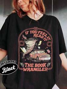 1 Piece Artsadd Book T-Shirt, Gift For Western Book Lovers, Country Style T-Shirt For Country Readers, Twisters Tornado, Women's Plus Size T-Shirts, Mother's Day Gift, 180g 100% Cotton - 1-黑 - 查看 9