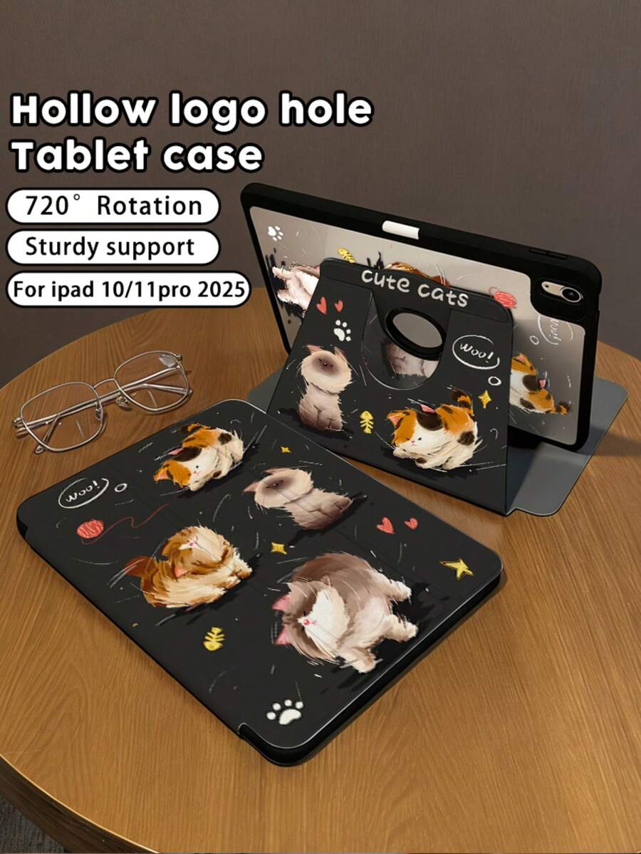 One Item: Tri-Fold Rotating Stand Acrylic Case Compatible With IPad, Cute Cartoon Cat Design, Full Coverage, Non-Magnetic Shockproof, Suitable For 11th /10th /Air 2026/Pro 11/13-Inch Models. Perfect For Students/Office Workers/Daily Commuters.