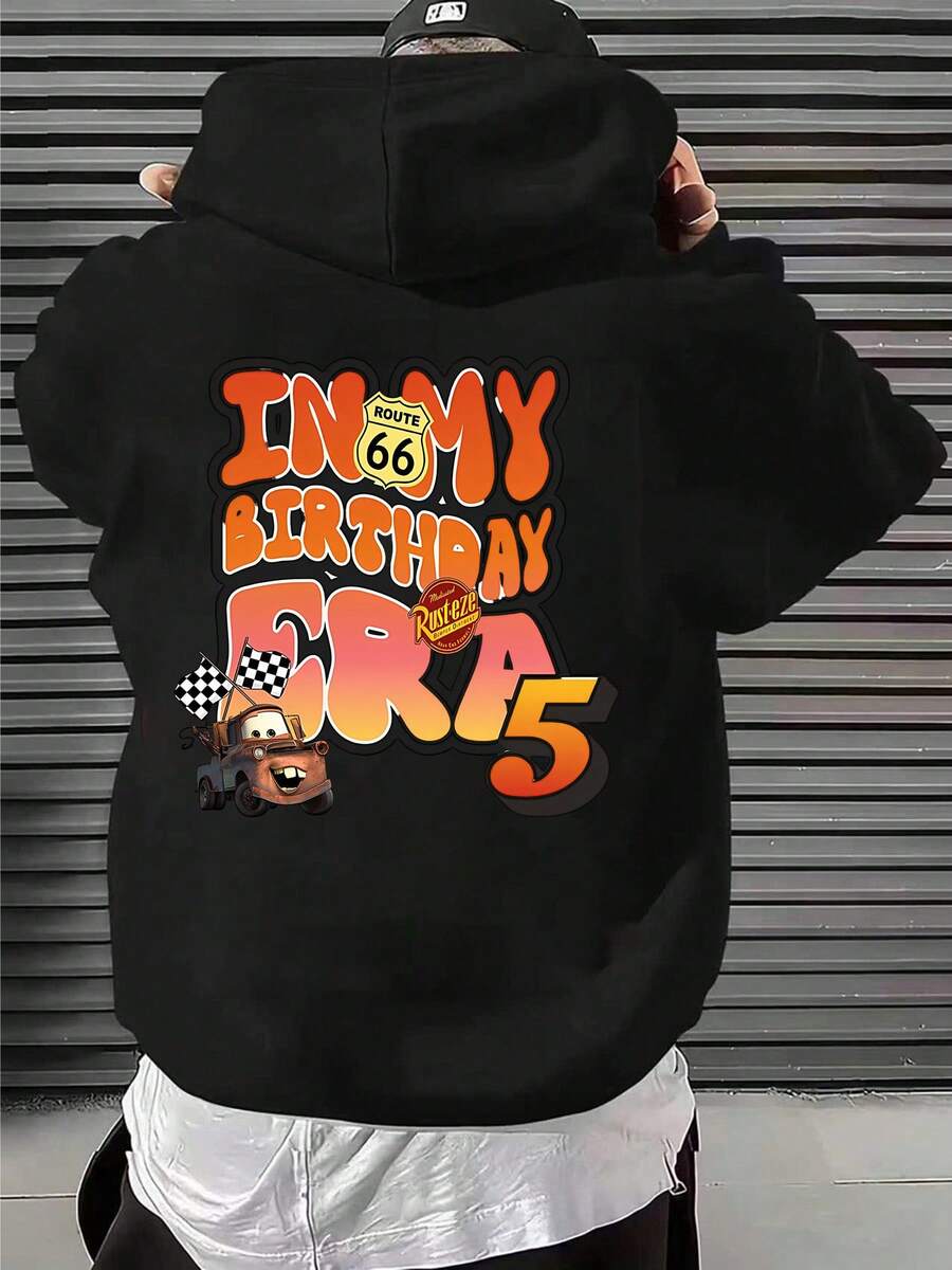 Disney Cars Mater "In My Birthday Era" Graphic PrintUnisex Loose-Fitting Casual Top - Autumn/Winter Hooded Sweatshirt With Drawstring Hood, Machine Washable, Men's Clothing - màu đen - Xem 1
