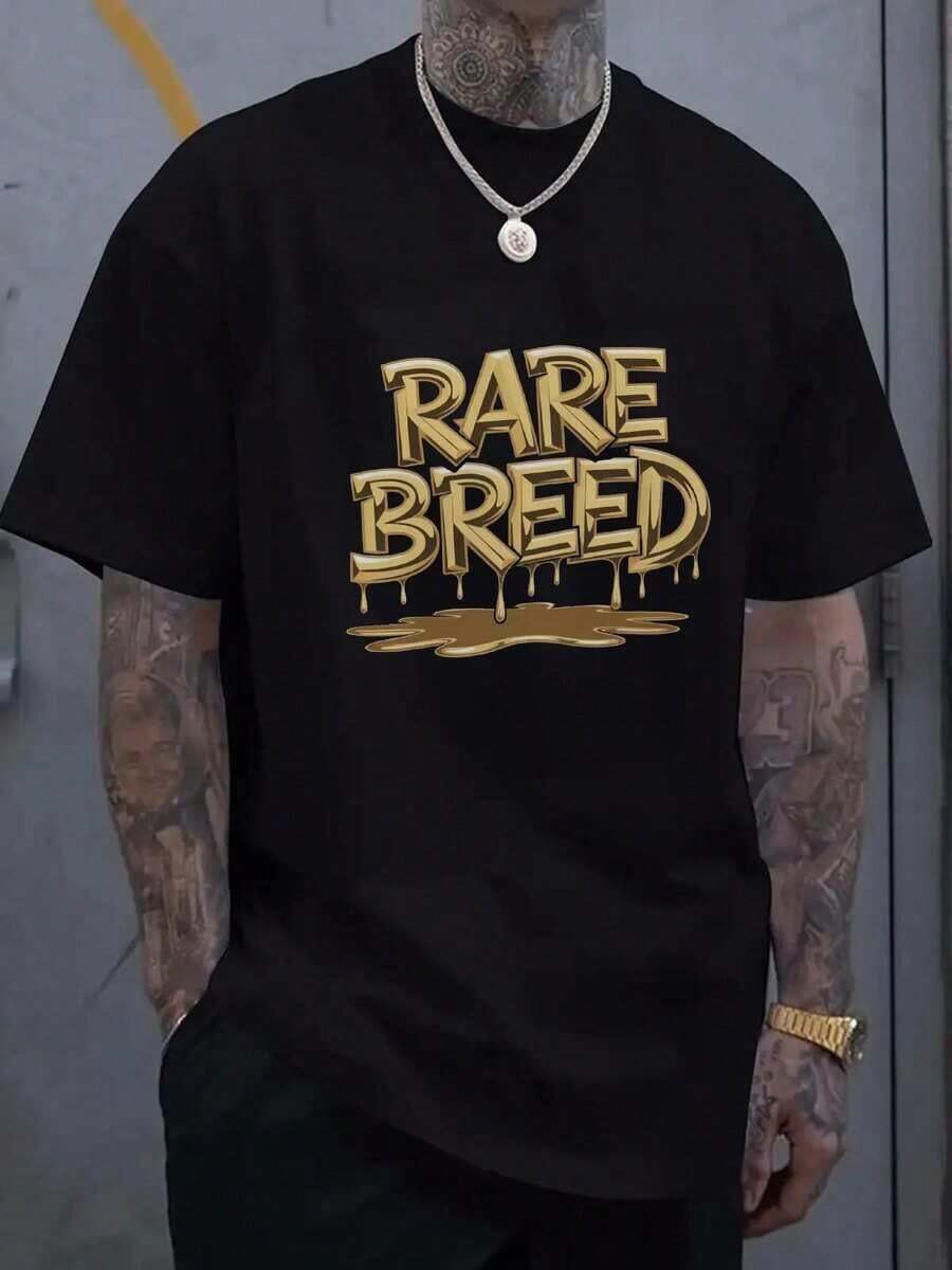 [Loose Fit T-Shirt] Men's Black T-Shirt With Rare Breed Print - Loose Fit Short Sleeve T-Shirt With Gold Graphic, Breathable, Casual, For Summer, Urban Style - 黑色 - 查看 1