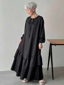 Vestido casual de manga larga con cuello de corbata de unicolor, vestidos de sol para mujeres - Gris - Ver 6