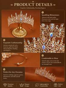 1 chiếc vương miện pha lê cô dâu, băng đô công chúa pha lê lấp lánh kiểu Baroque, phụ kiện tóc cưới cho nữ. - Vàng - Xem 3