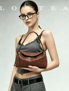 1pc Low Tea Solid Color PU Leather Handbag, Women's Retro Fashion Crescent Handbag, Top Single Handle Design, Snap Closure, Shoulder Strap Can Be Handheld Or Shoulder Worn, Suitable For Commuting, Outdoor, Travel, Hiking, Going Out - Coffee - View 6