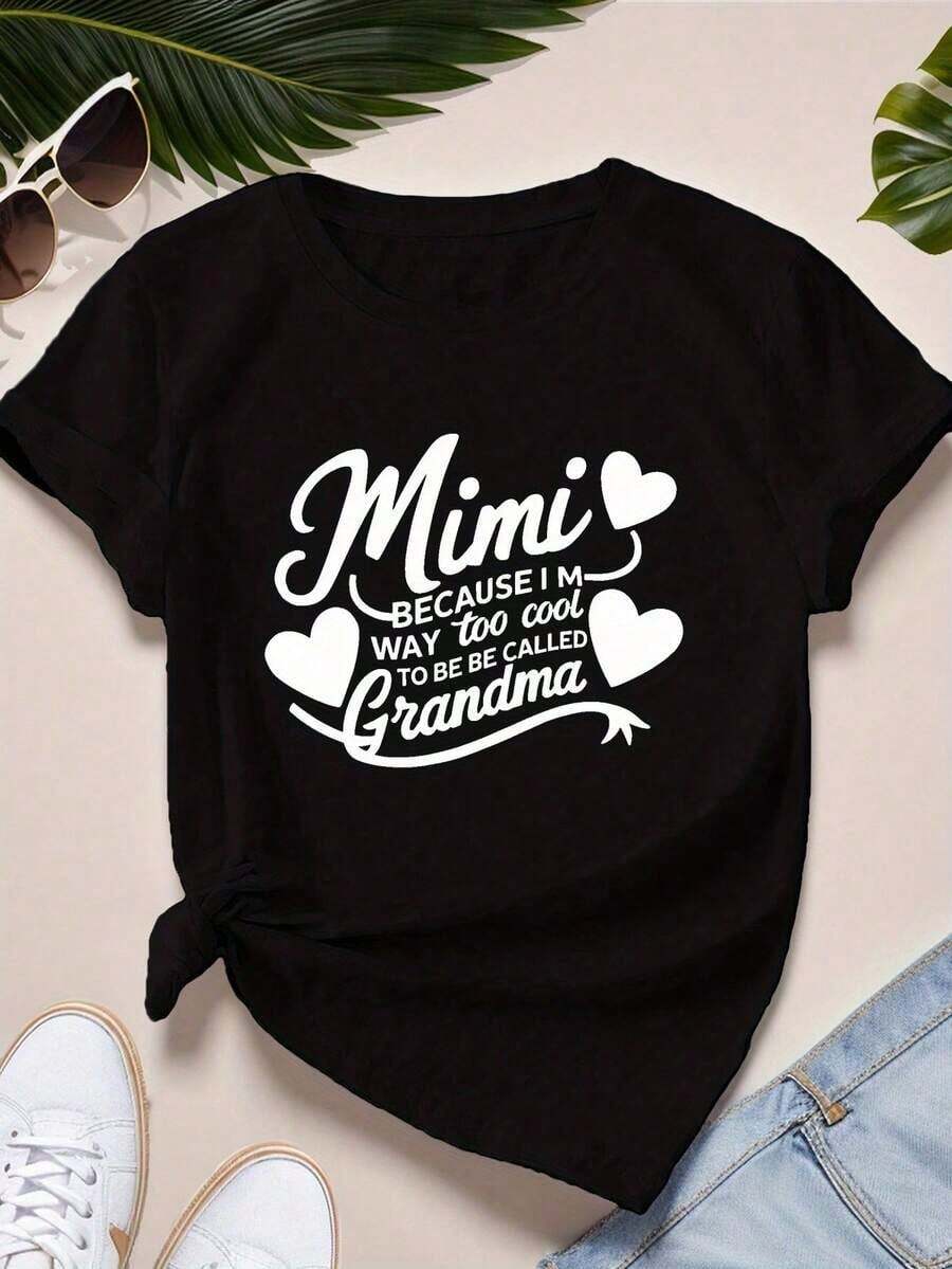 1 pieza Camiseta Deportiva de Manga Corta para Mujer Talla Grande Mimi Grandma 180g Algodón 100% - Negro - Ver 1