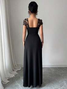 Vestido entallado con bordado de red para fiesta, banquete, primavera/verano, vacaciones - Negro - Ver 2