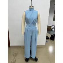 Conjunto Primavera Blusa Sin Mangas Mezcla Algodón Lino Sólida Elegante para Mujer + Pantalones Anchos - azul cielo - Ver 2