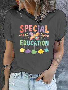 Camiseta de educación especial con estampado de diseño divertido, manga corta y cuello redondo, top casual para verano y primavera, ropa de mujer - Gris Oscuro - Ver 6