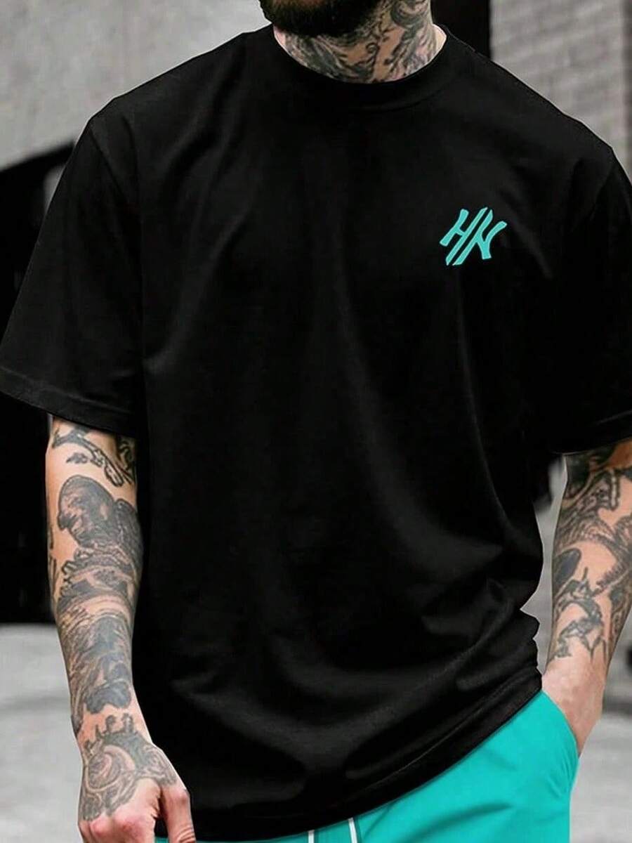 Homme Men's Summer Casual Print Round Neck Short Sleeve T-Shirt Men Summer Outfits  Men Summer Clothes Men T Shirt - 黑頂 - 查看 1