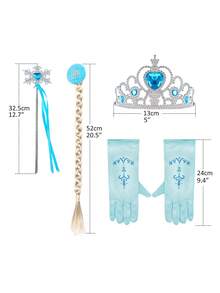 Set de 6 piezas para niñas: Vestido azul de manga larga con malla y flores, trenza de peluca, corona, varita mágica, guantes, conjunto de disfraz para fiesta de Navidad y carnaval - Azul - View 11
