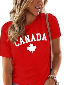 Women's Casual Cotton T-Shirt With Canadian Flag And Heart Print, Short Sleeve, Round Neck, Drop Shoulder, Cute Summer Garment With Slightly Stretchy Fabric - 紅色2 - 查看 4