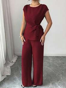 xheElenzga Blusa azul plisada con lazo ajustable en la cintura y pantalones anchos de tiro alto con bolsillos, conjunto elegante y casual para ir al trabajoxhe - Burdeos - Ver 3