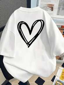 Camiseta de manga corta% algodón con estampados de corazones en la parte delantera y trasera - camiseta estampada de moda para mujer, para primavera/verano, un artículo de moda, versátil y casual, adecuado para todas las estaciones. Se puede usar como capa base en primavera y otoño o sola en verano. Estilo unisex, perfecta para amigos. Camiseta de algodón de alta calidad con un toque de marca moderno. - Blanco - Ver 2