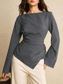 Camisa de mujer a rayas con pliegues, de uso versátil y casual para el día a día - Gris - Ver 1