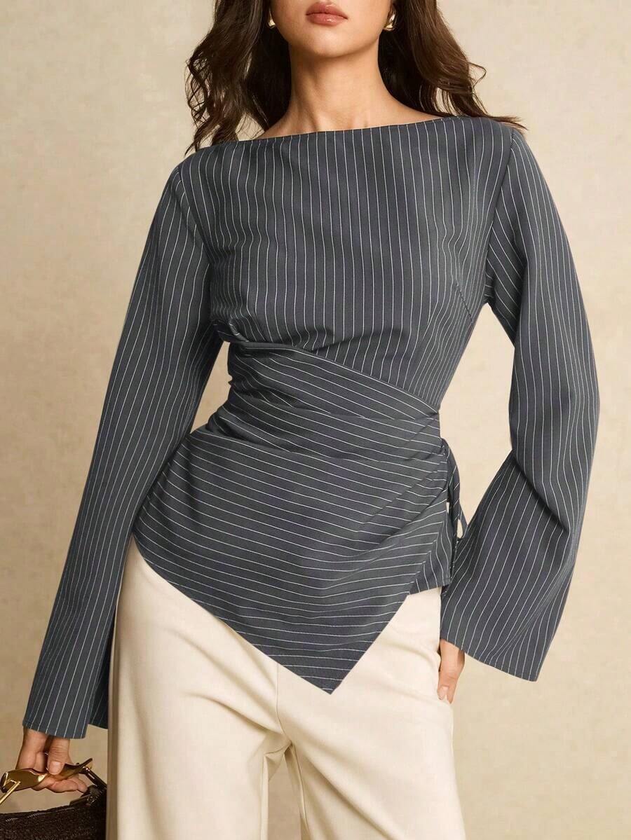 Camisa de mujer a rayas con pliegues, de uso versátil y casual para el día a día - Gris - Ver 1
