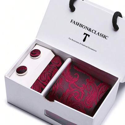 AlanKing Bộ 3 món: Cà vạt họa tiết Paisley màu đỏ tía, khăn cài túi áo và khuy măng sét, hộp quà cao cấp, thích hợp cho các dịp trang trọng như công sở, đám cưới và tiệc tùng.