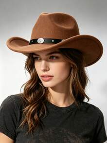 1pc Women's , Western Cowboy Solid Color Heart-Shaped Crown Rolled Brim Felt, Decorated With Silver Chain Circle, Suitable For Outdoor Party, Performance, Hiking, Unisex Versatile Style - Multicolor - View 7