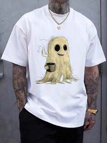 Men's Halloween T-Shirt With Ghost Print - White - View 1