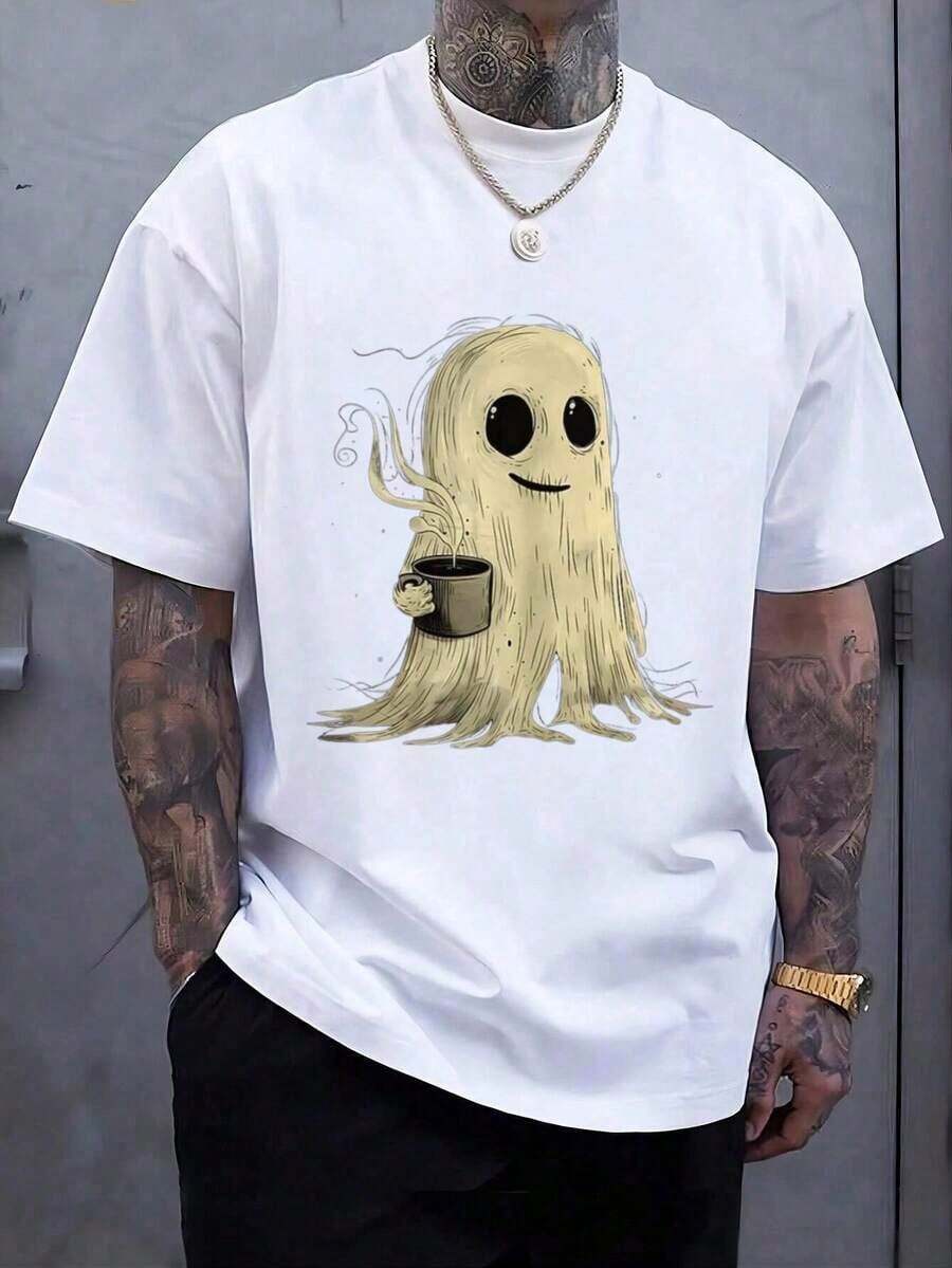Men's Halloween T-Shirt With Ghost Print - White - View 1