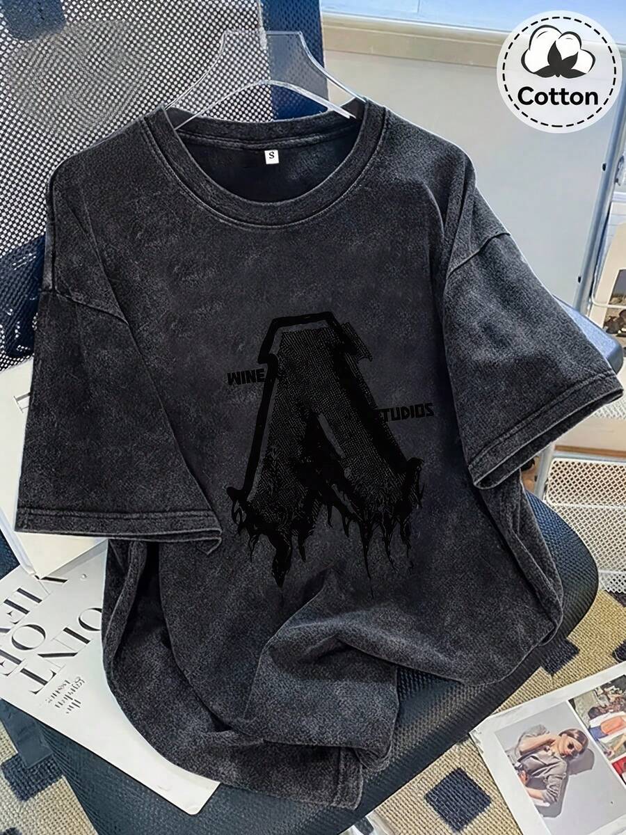 Camiseta casual de manga corta para mujer, lavada, con estampado de la letra "A" estilo oscuro, versátil para salidas diarias - Negro - Ver 1
