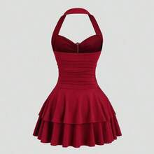 MewMuse.  Vestido mini sexy de mujer con cuello halter, hebilla metálica y volantes en el bajo - Rojo - Ver 3