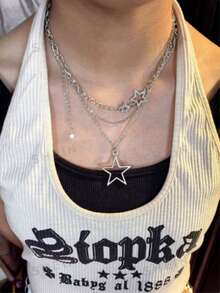 2pcs Women's Double-Layer Star Necklaces, Fashionable Choker Necklaces, Y2K Style - Silver - View 3