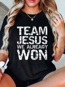 1 pieza de camiseta cristiana a juego 100% algodón para hombre, con la frase "Team Jesus We Already Won", 180g de algodón 100%. - Negro - Ver 6