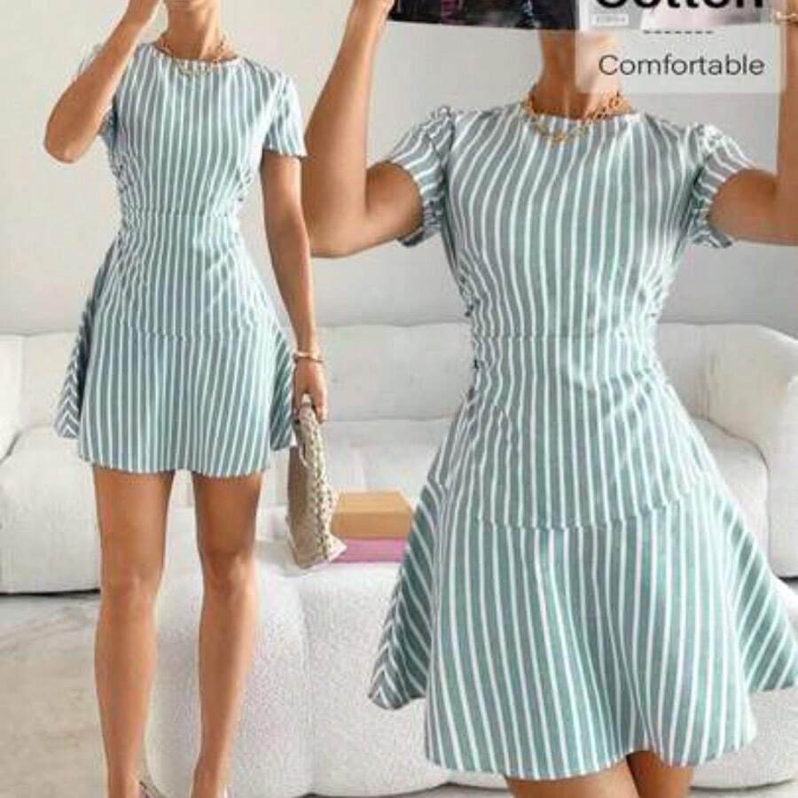 YijiaNvz Vestido de fiesta elegante de mujer con cuello redondo a rayas y cintura ceñida - Verde - Ver 1