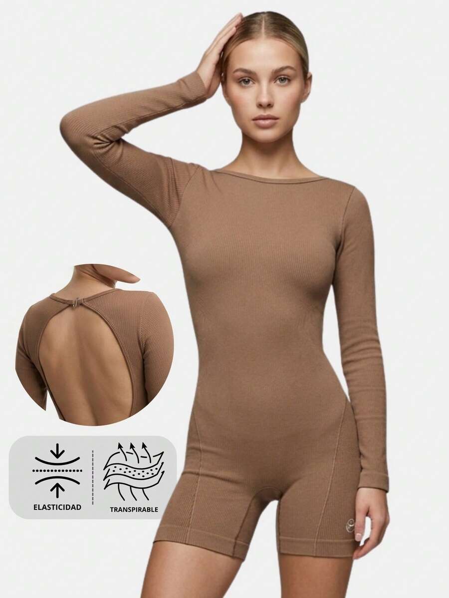 Mono deportivo con espalda descubierta y broche, mono de manga larga para fitness, textura acanalada, adecuado para entrenamiento - Camel - Ver 1