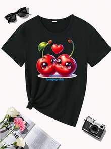 Just A Day Of Peace, Cherry Love, Valentine's Special Edition, Heart, Gift, Special Edition, New Women's Casual Sporty Crew Neck T-Shirt Comfortable For All Four Seasons - 黑色 - 查看 5