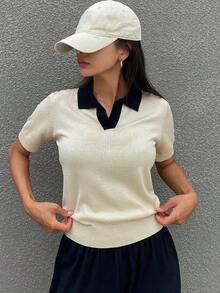 Blusa casual de punto de manga corta con cuello de contraste de color para mujer en verano - Beis 2 - Ver 6