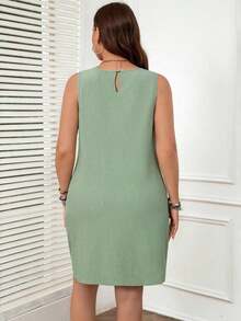 Vestido corto sencillo sin mangas de cuello redondo de unicolor para mujer talla grande - verde menta - Ver 2