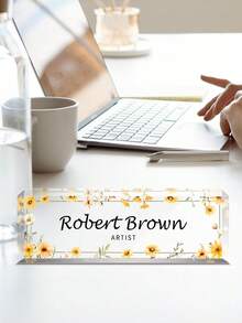 Customized Watercolor Floral Acrylic Desk Nameplate, Customizable Name & Position, Transparent Desktop Display Sign With Personalized Floral Pattern Acrylic Desk Plaque, Office Workstation Decoration Display Sign - Multicolor - View 5